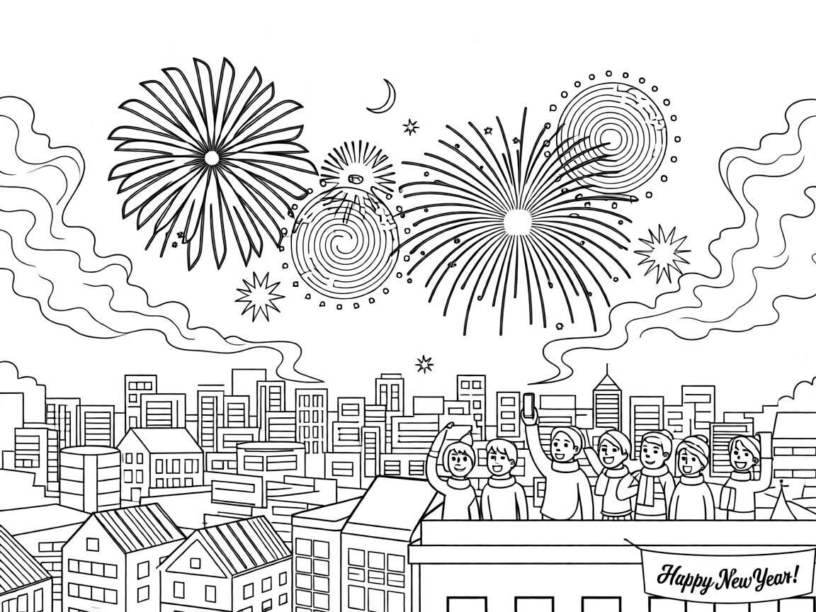 A New Year's fireworks display over a city skyline, with smoke gently curling into the night sky.