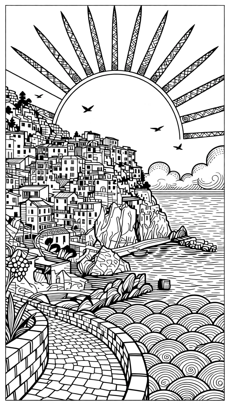 A hillside town cascading toward a turquoise sea.