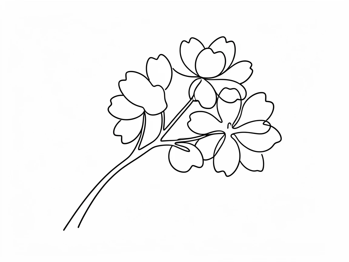A cluster of cherry blossoms blooming on a slender curved branch