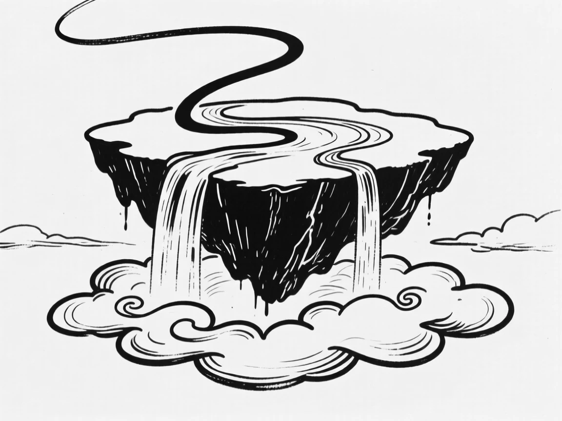 A floating island with waterfalls cascading off its edges into the clouds below.