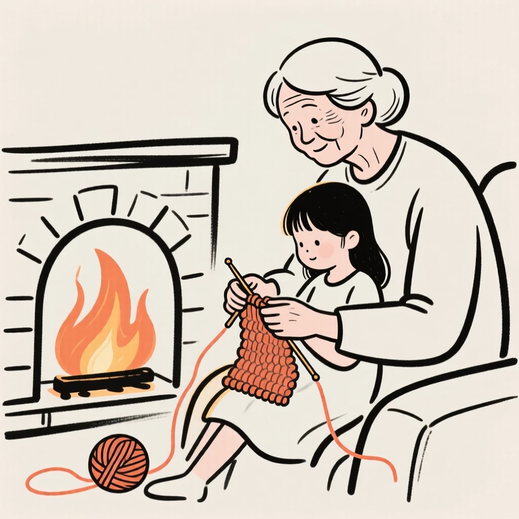 A grandmother teaching her granddaughter to knit by a warm fireplace.