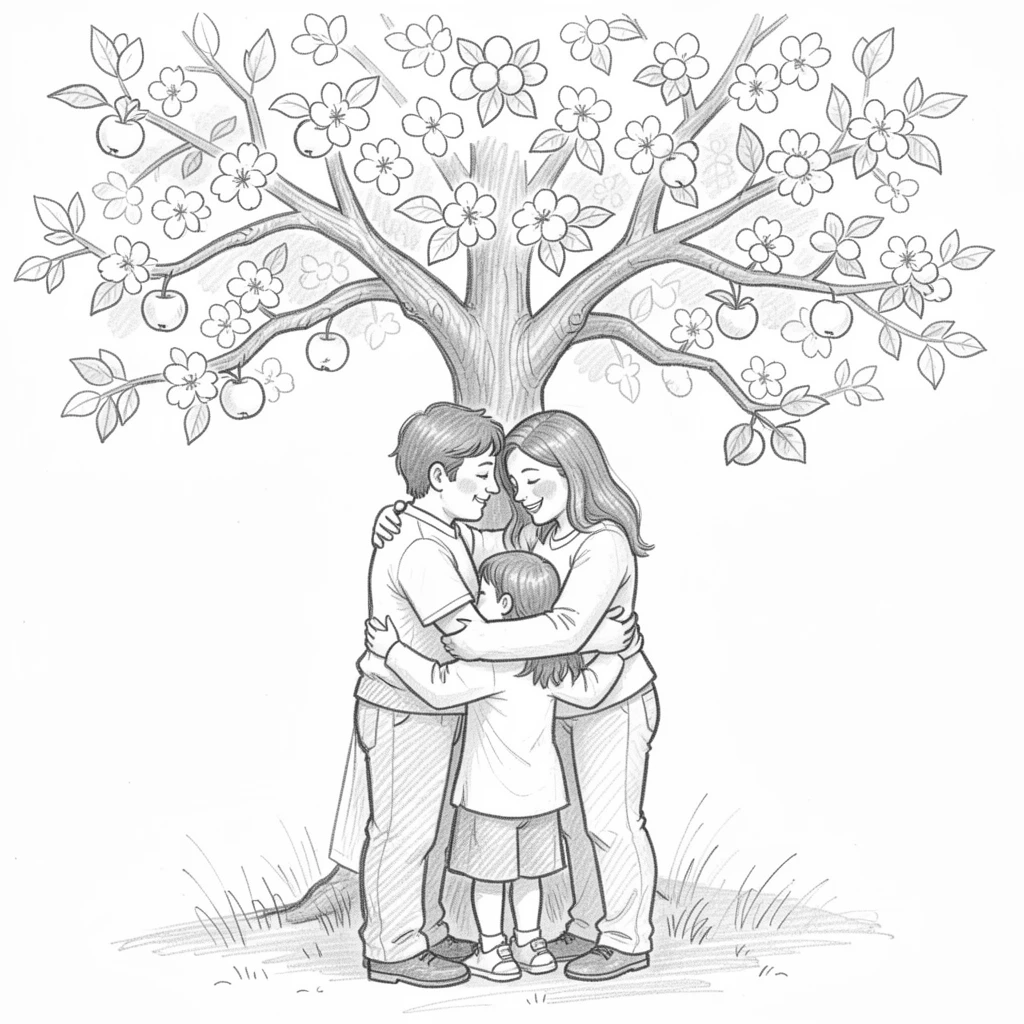A heartwarming family moment: a family reunion embrace after years apart beneath a blooming apple tree, brimming with heartfelt love.