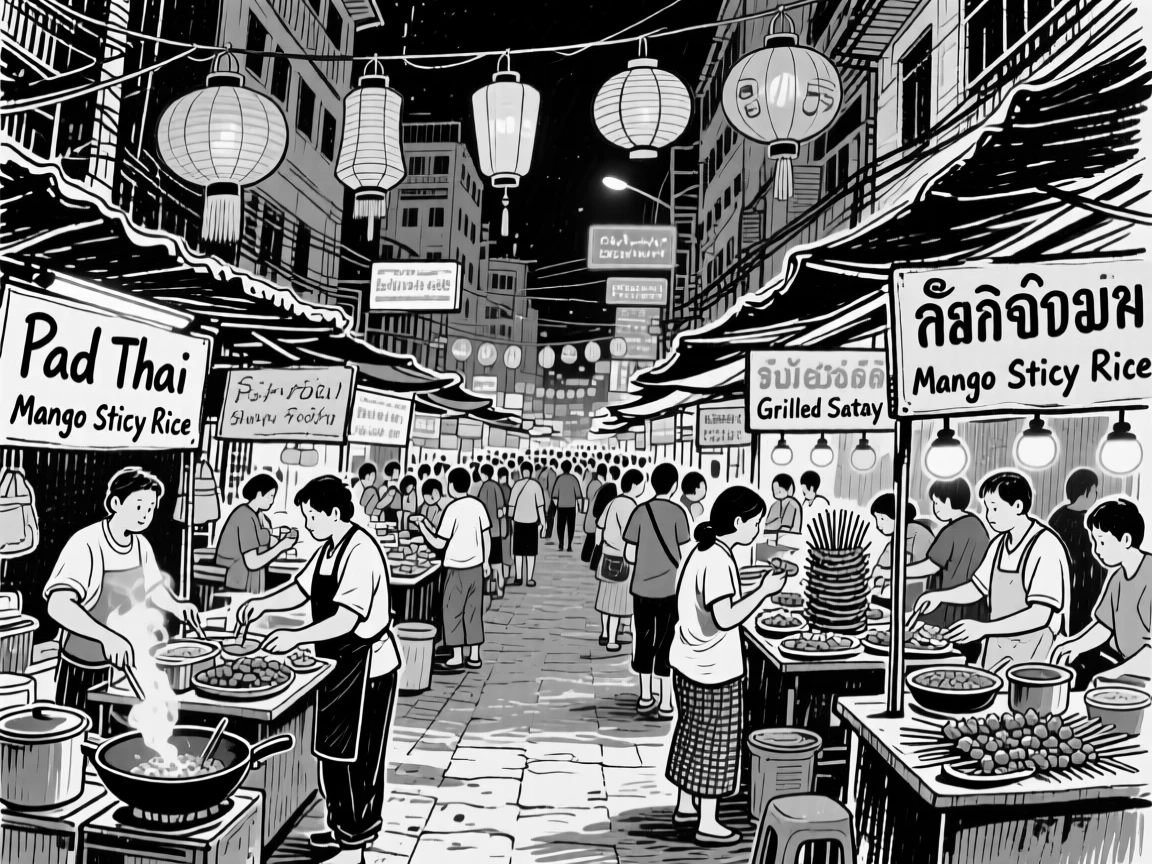 The bustling night markets of Bangkok filled with street food stalls and lanterns.