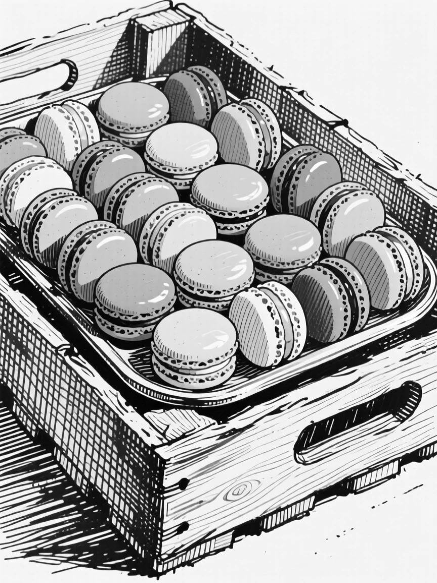 A tray of colorful macarons arranged on a rustic wooden crate, with sunlight catching the glossy surface, presented in a cheerful and abundant culinary still life.
