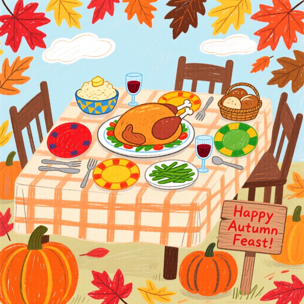 A table set for a festive dinner framed by autumn leaves and pumpkins.