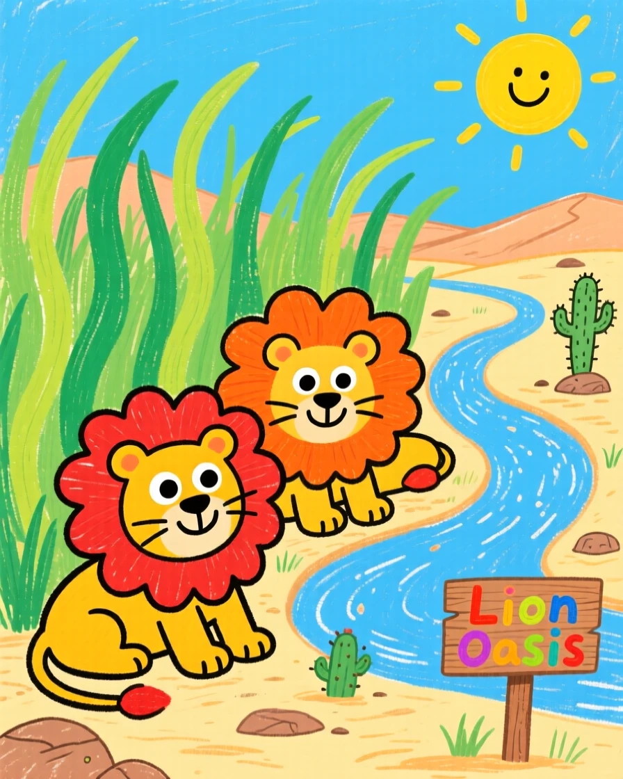 A pride of lions resting in tall grass near a winding desert oasis.