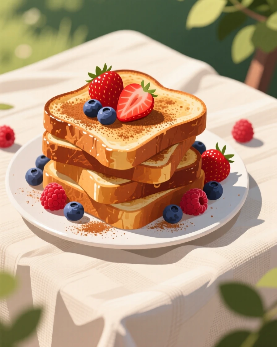 A stack of French toast dusted with cinnamon and berries, arranged on a linen tablecloth outdoors, arranged in an appetizing overhead flat lay, with glossy highlights that make the dish look freshly made.