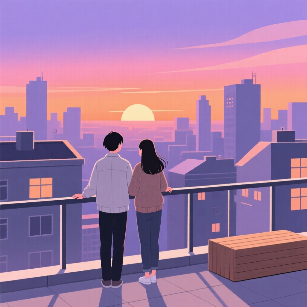 A couple watching the sunset from a rooftop terrace overlooking the city.