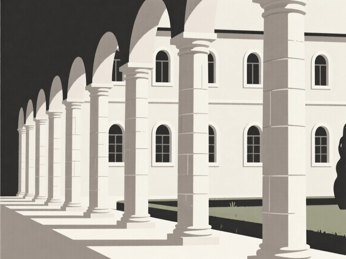 A colonnade of stone pillars, striking and prominent, stands in a peaceful monastery garden, surrounded by rows of arched windows, expressing modern clarity.