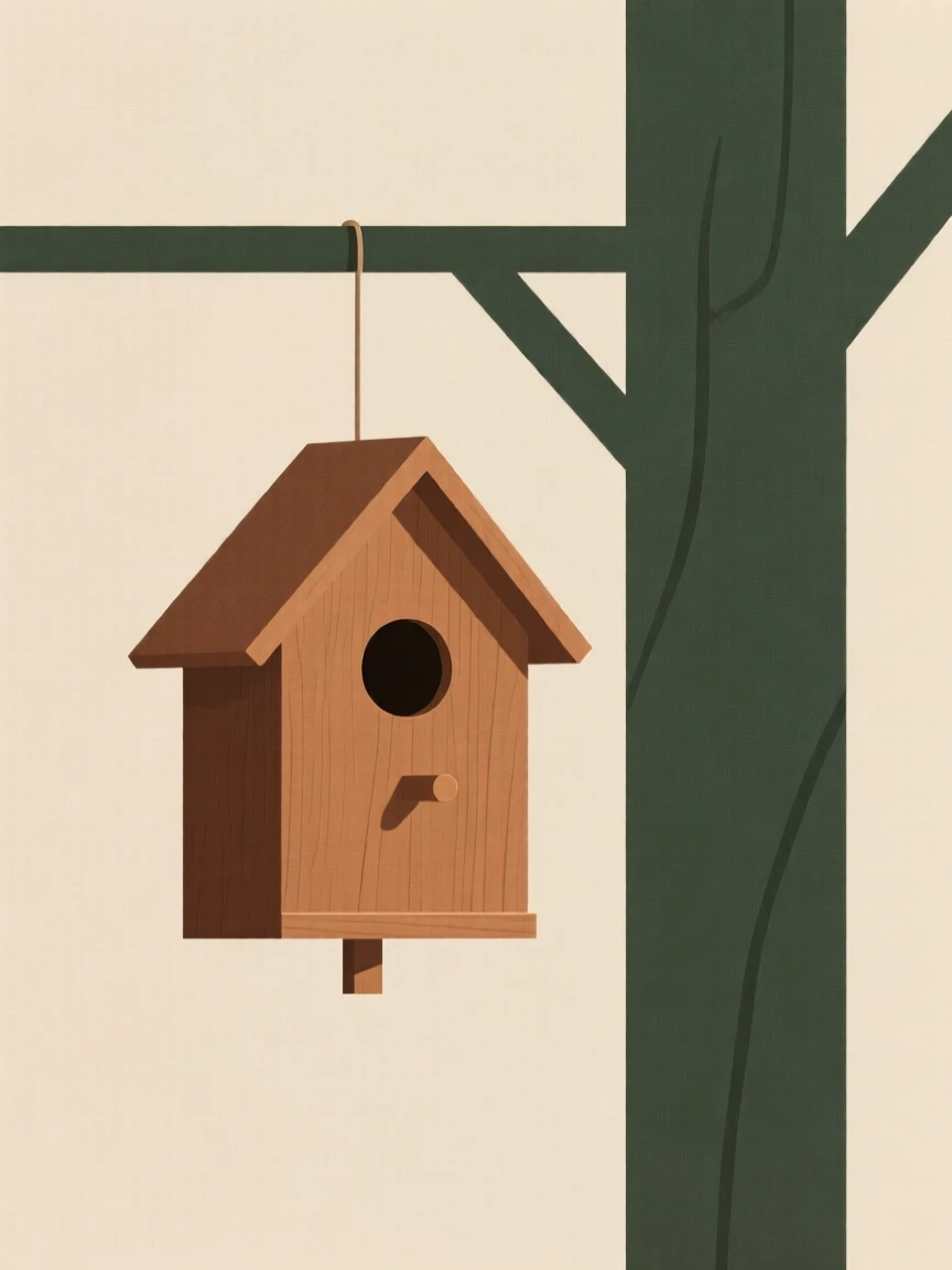 A wooden birdhouse hanging from a tree