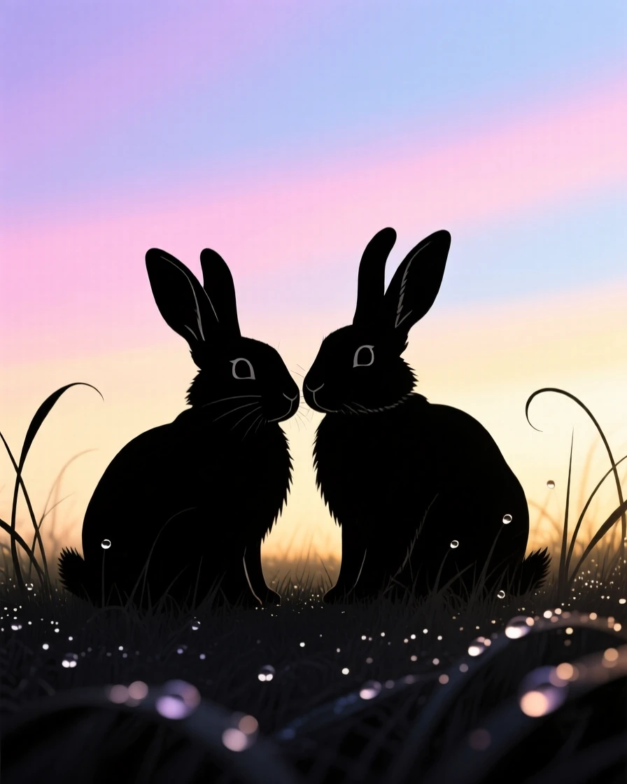 A pair of rabbits sitting close together in a dew-covered meadow at dawn.