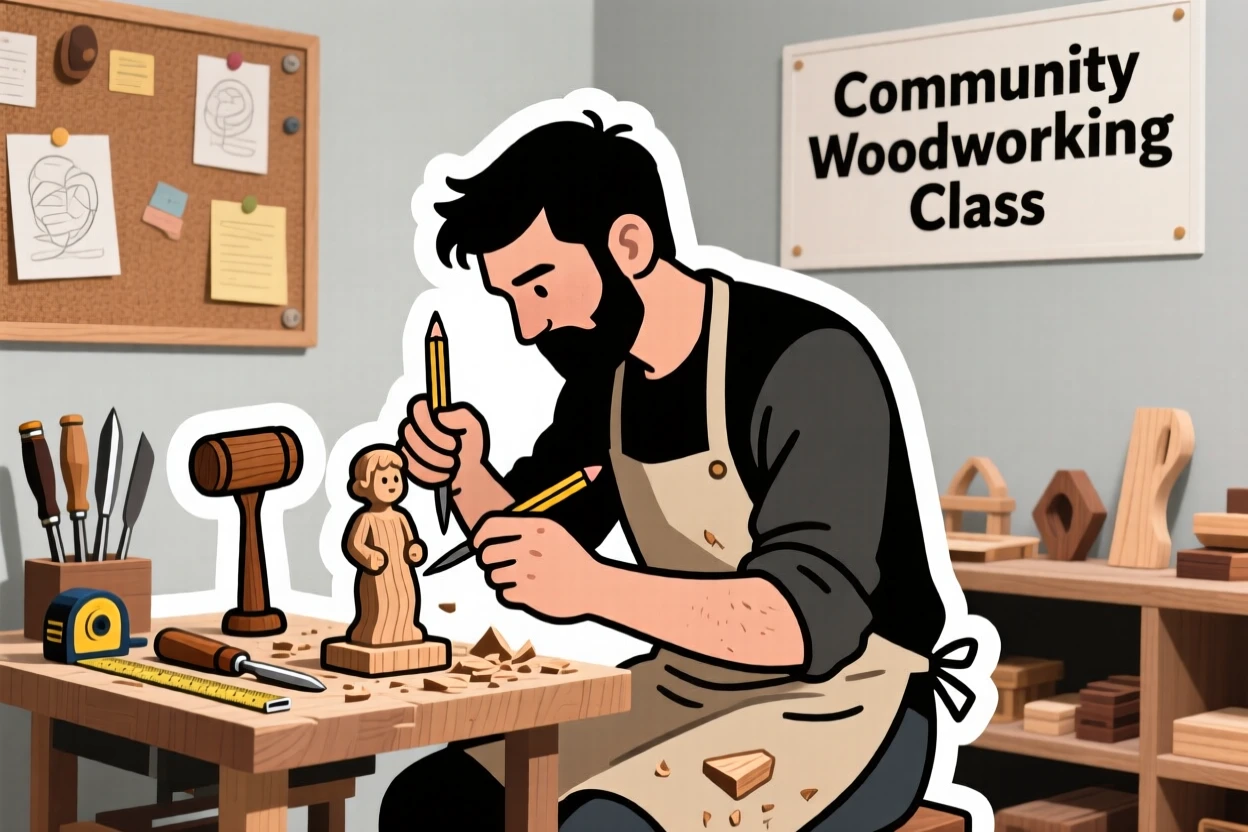 An intensely focused woodworker carving a small figurine, surrounded by their favorite gear, in a small community class setting.
