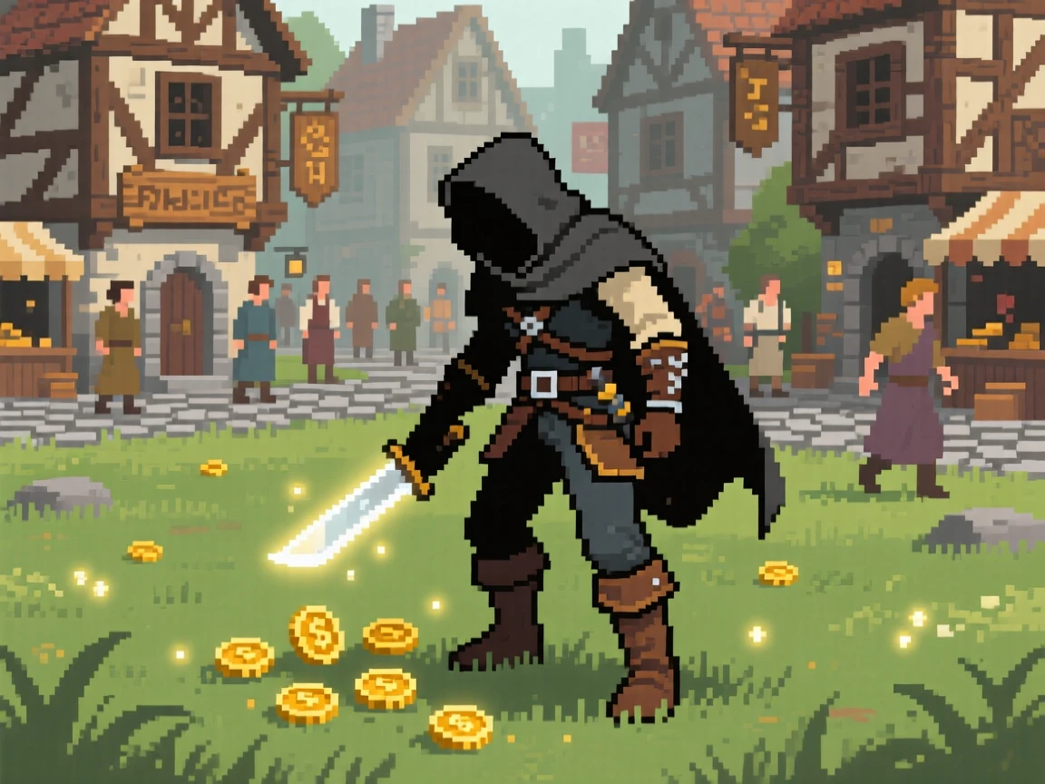 A rogue with a glowing dagger collecting glowing coins in a grassy field, in a bustling adventurer's guild town.
