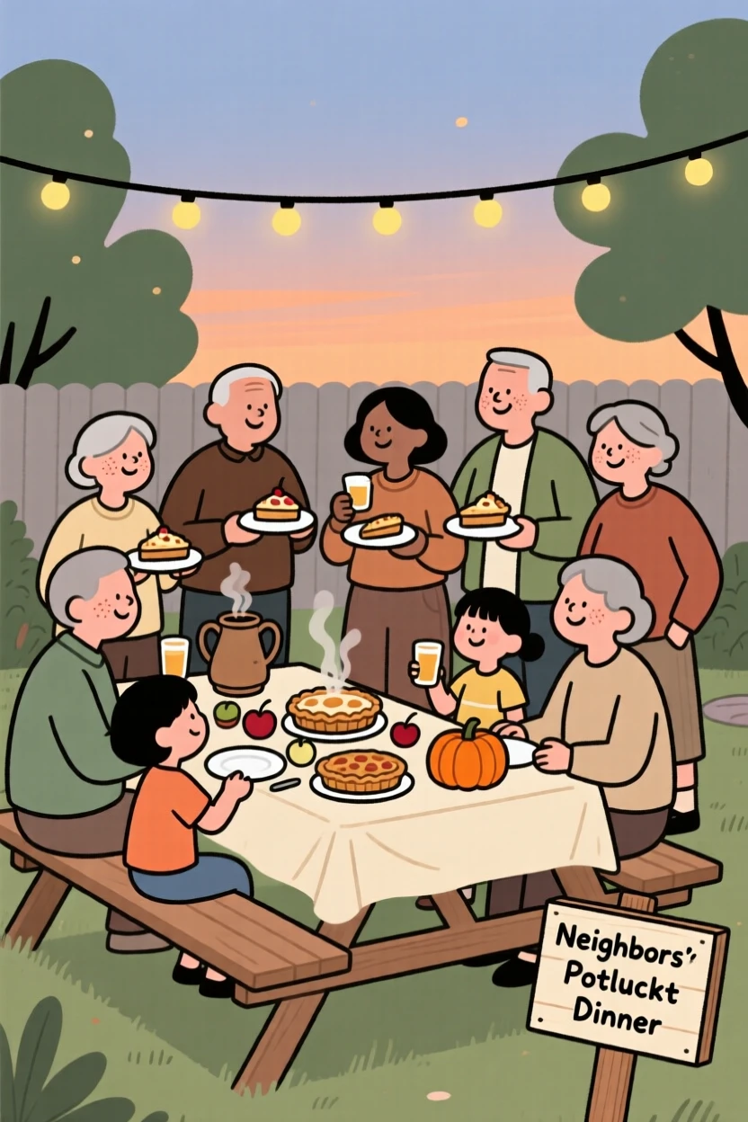 Neighbors gather for a potluck dinner in the backyard, sharing fresh pies and conversation as laughter fills the warm evening air.