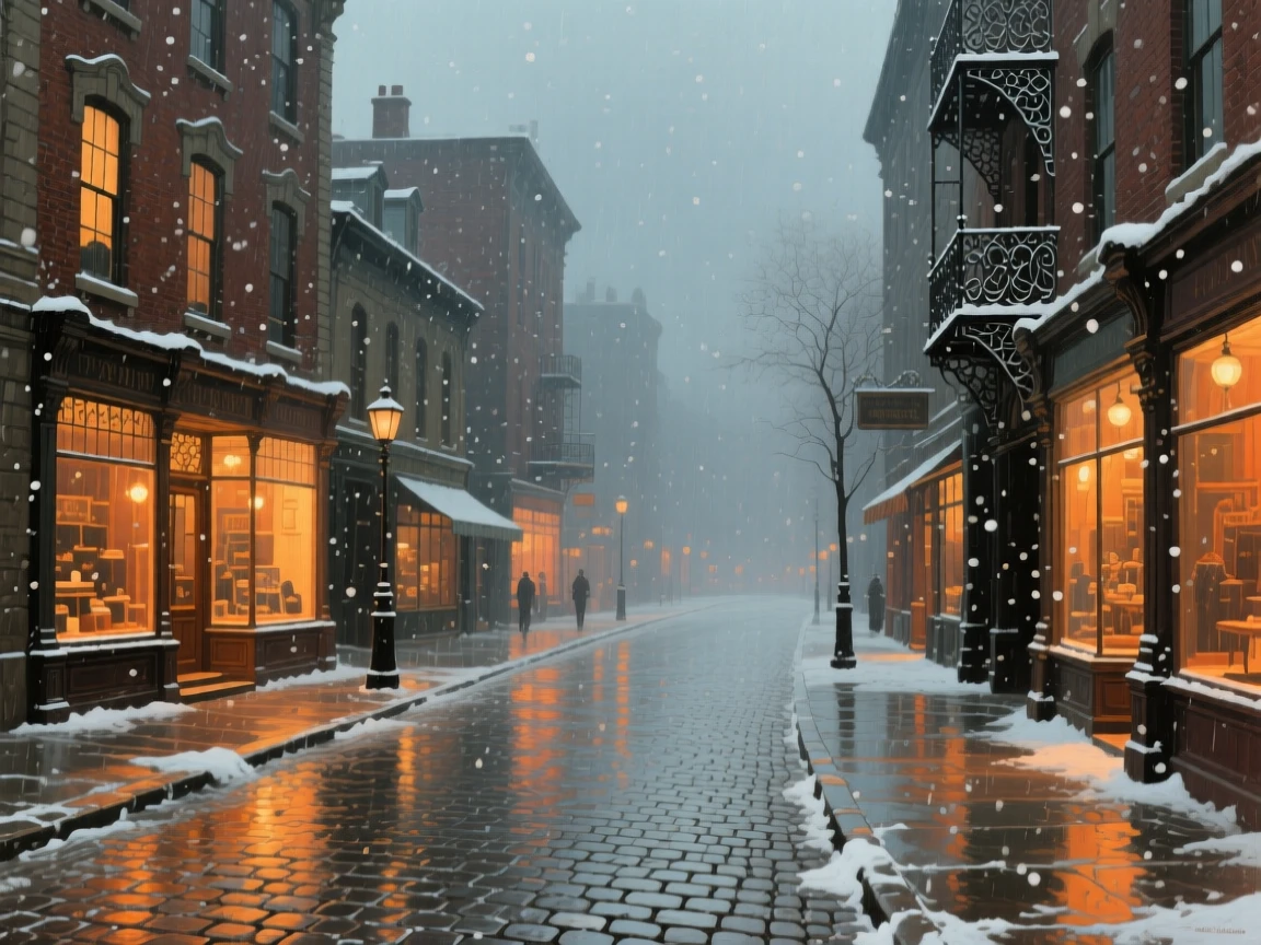 A broad landscape view of a rain-soaked street reflecting the warm glow of shop windows, in the early 1900s, in gentle falling snow.