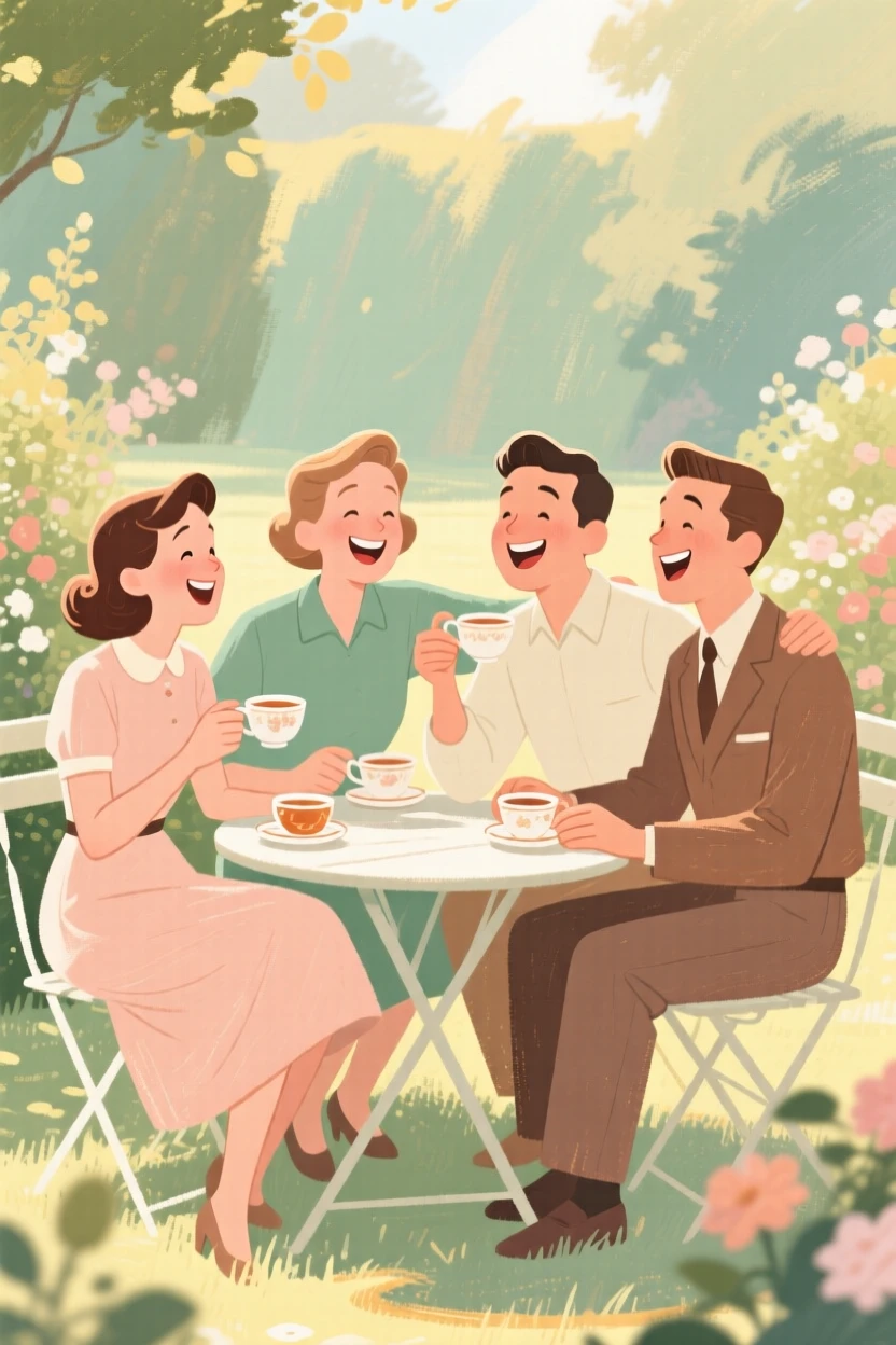 Friends laughing together over tea in a sunny garden