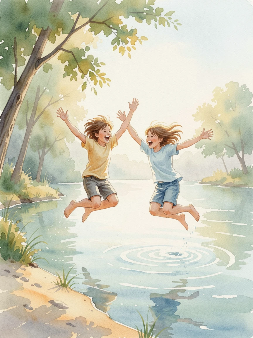 Siblings jumping into a lake on a hot summer day with laughter echoing softly.