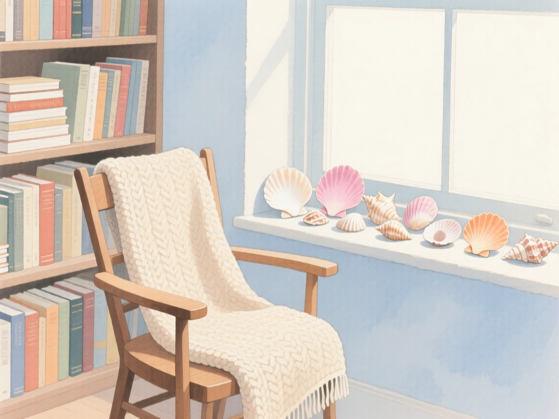A charming view of a book-lined study, with a knitted blanket draped over a chair, featuring a collection of seashells on the windowsill