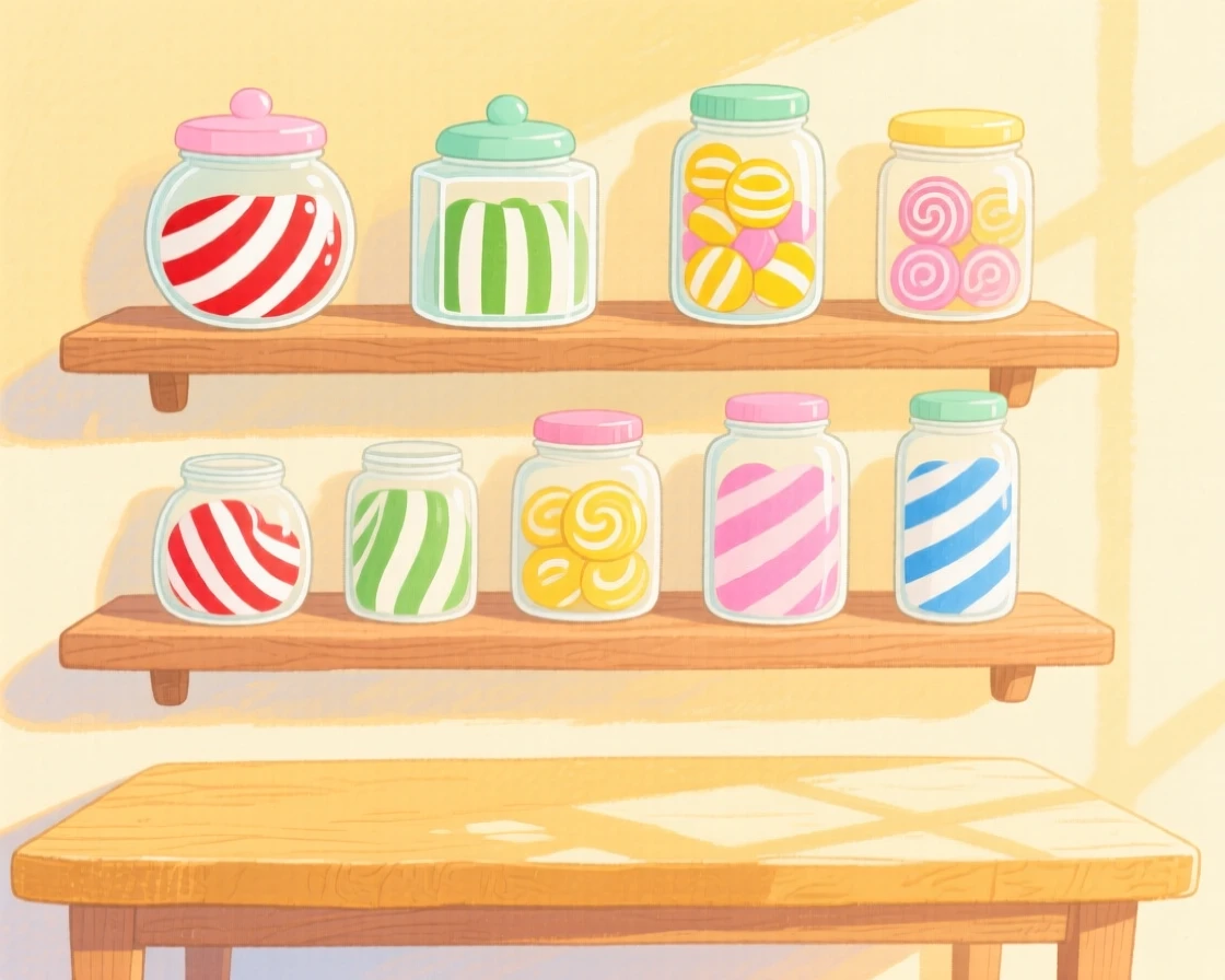 A candy shop shelf lined with jars of striped sweets, arranged invitingly on a sunny table.