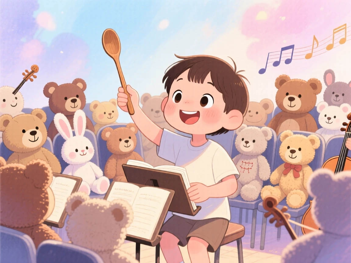 A child conducting a makeshift orchestra of stuffed animals with a wooden spoon, set against a softly blurred, dreamy background, radiating kindness, hope, and heartfelt emotion.
