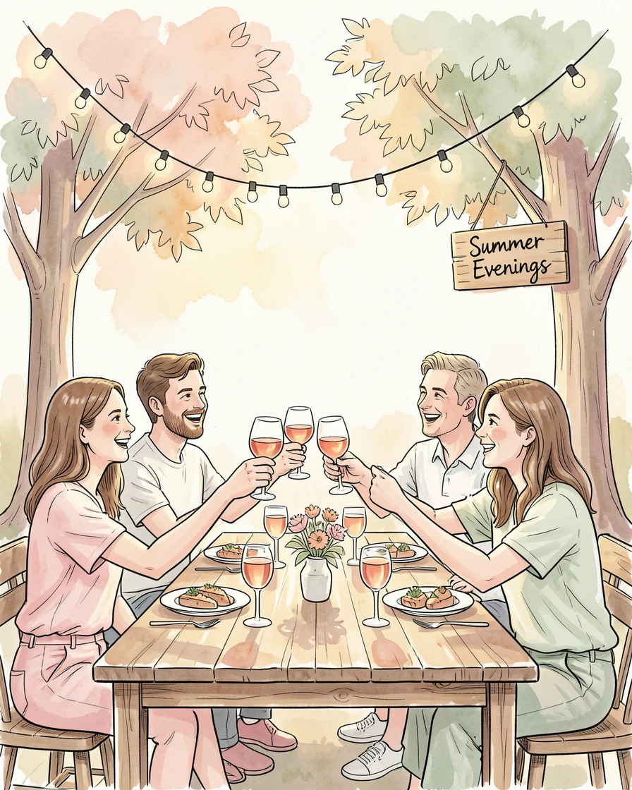 A group of friends toasting together at an outdoor summer dinner party, soft natural light framing the scene with quiet warmth.