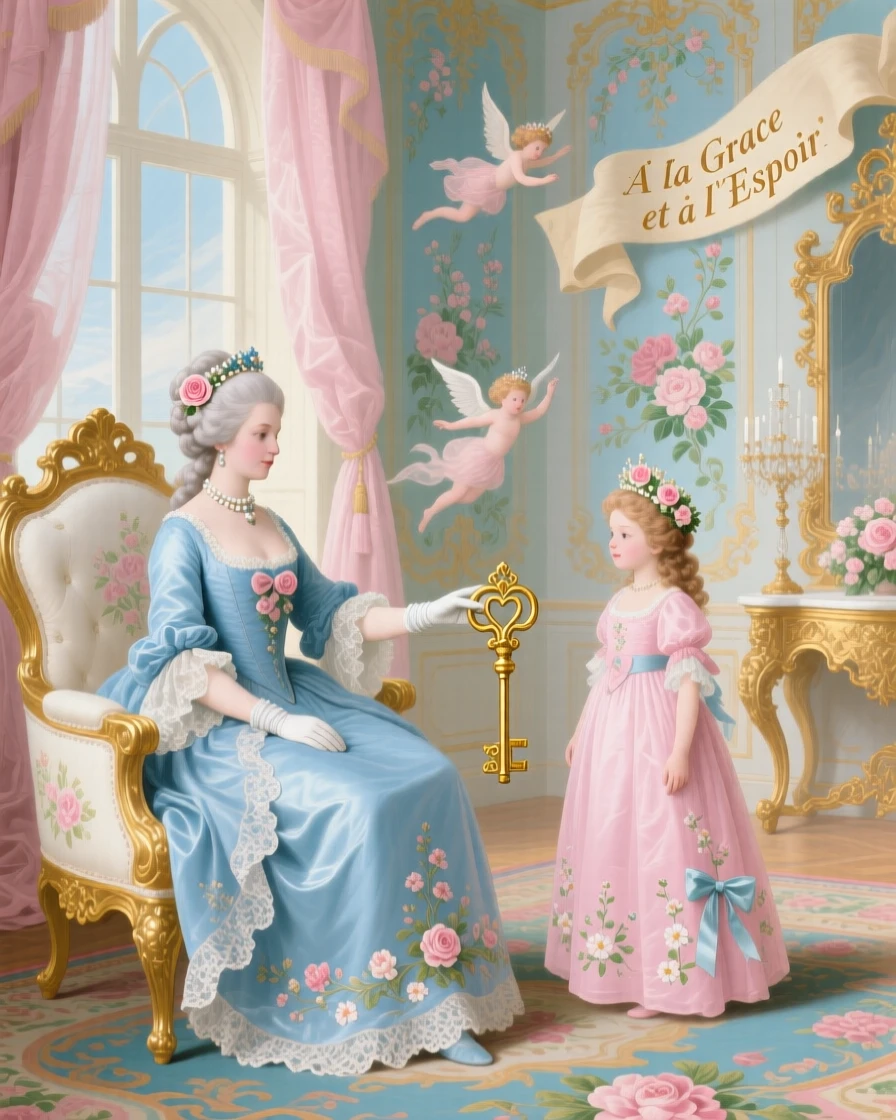 A queen presenting a golden key to a young princess in a throne room  