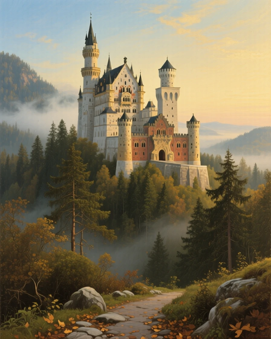 The dramatic castle of Neuschwanstein rising from a misty Bavarian forest, as soft golden hour light bathes every surface and structure, designed to transport the viewer directly into the scene