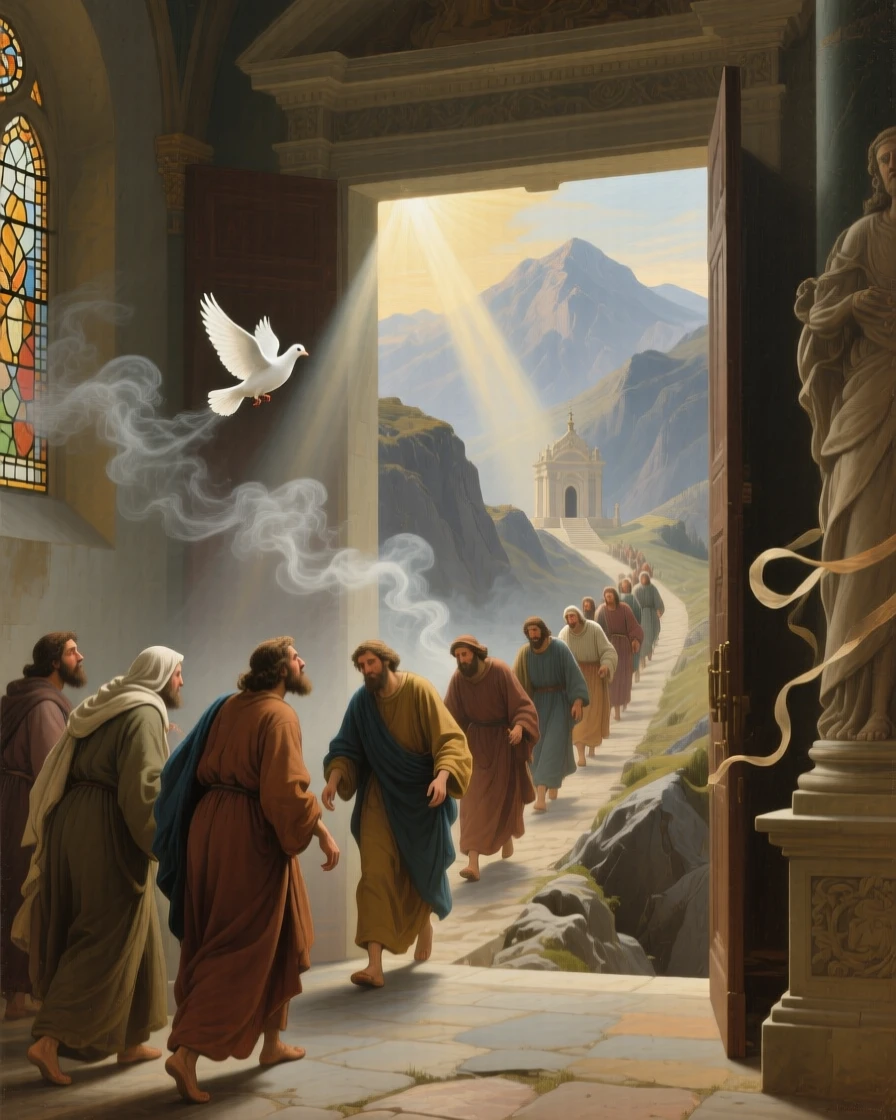 Pilgrims crossing a perilous mountain pass toward a distant shrine in an instant of grace touching the ordinary world, set within a sunlit chapel filled with drifting incense smoke, with a single dove or beam of light marking the sacred moment; a low, humble viewpoint elevates the sacred over the everyday, capturing a timeless moment of grace and gratitude.