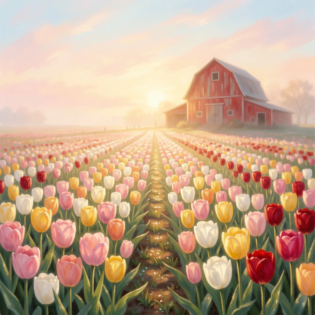 A field of blooming tulips arranged in perfect rows, a single red barn visible in the distance, at golden sunrise, conveying a feeling of romance and tranquility.