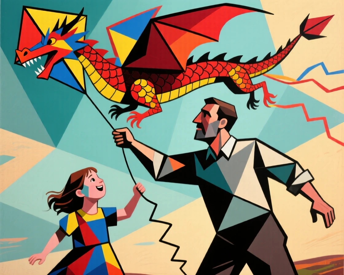 A father and daughter flying a kite shaped like a colorful dragon.