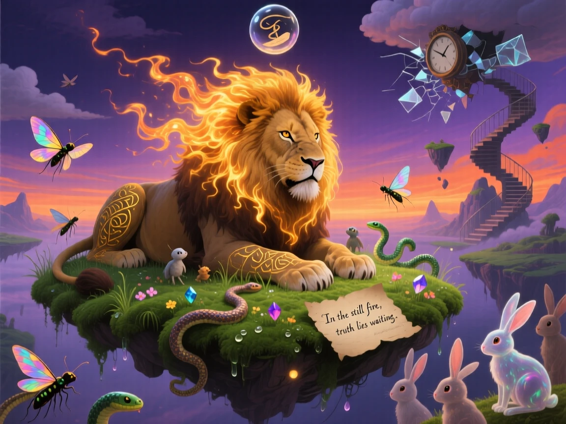 A lion with a mane made of golden flames that never burn rests quietly atop a floating patch of green moss, as small creatures gather quietly to watch it pass.