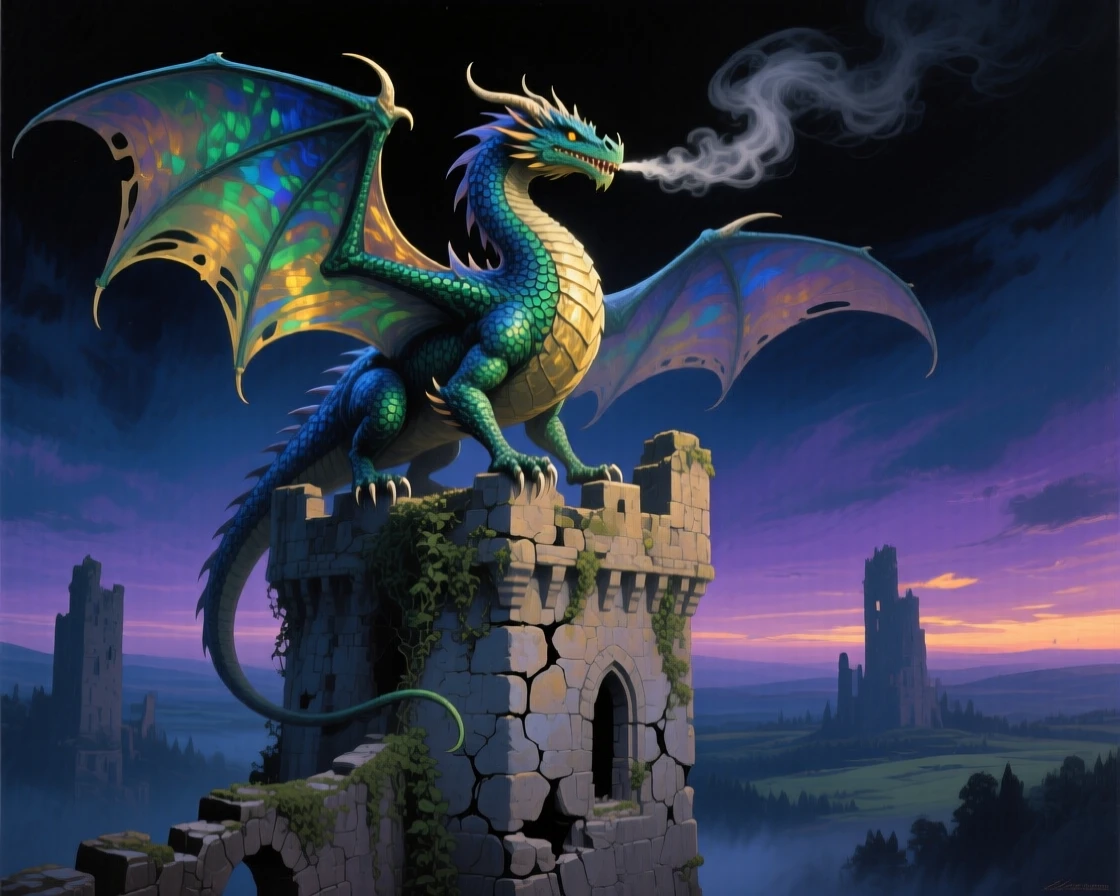 A majestic dragon perches atop a crumbling castle tower at dusk, wings partially unfurled as smoke curls from its nostrils into the darkening sky, the atmosphere charged with a sense of quiet wonder and untold history.