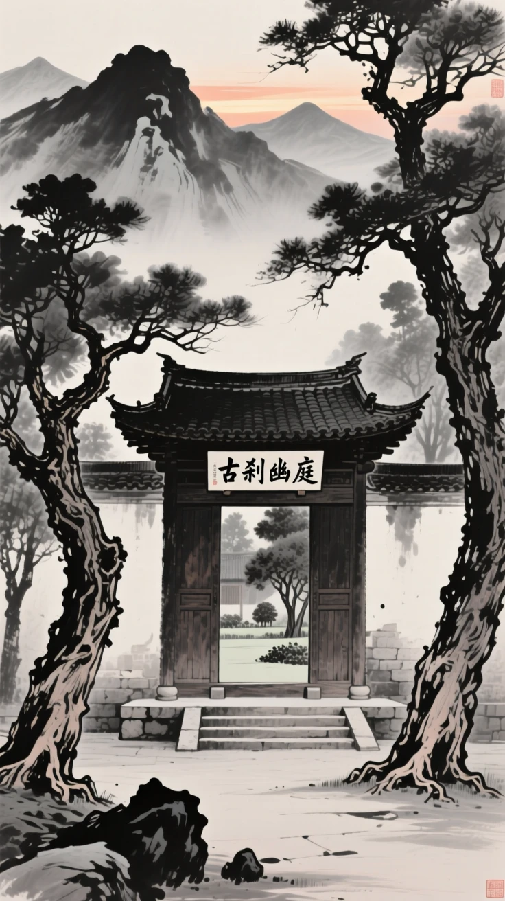 An old temple courtyard opens onto a garden filled with ancient trees, as evening light glows behind distant peaks.