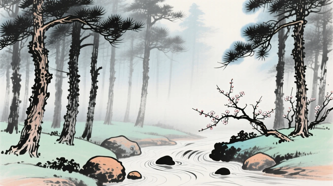 A dense pine forest blanketed in morning fog, where the current carves gentle ripples around smooth stones, touched with gentle melancholy, as the last plum blossoms cling to bare branches.