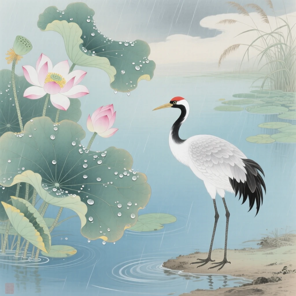 A summer rainstorm passing over a lotus pond, droplets on every leaf, with a lone crane standing at the water's edge