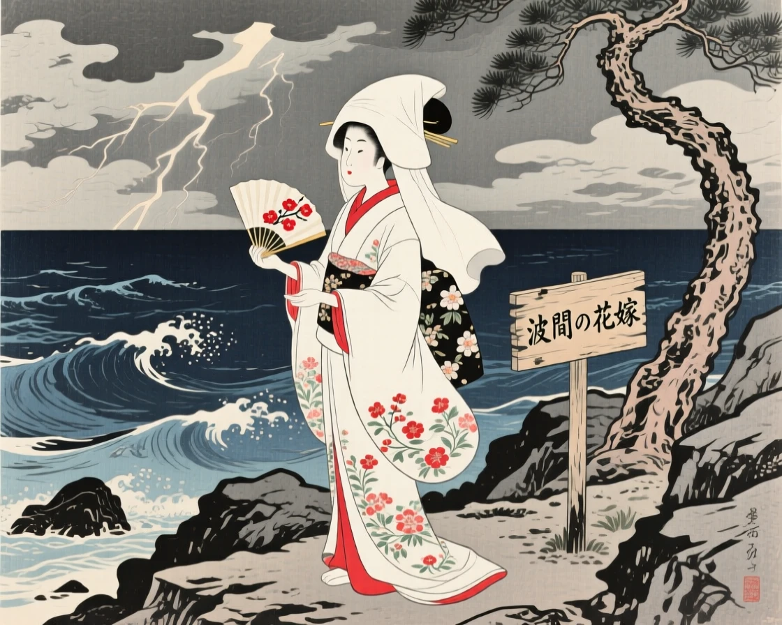 A bride in ceremonial dress gazing at a stormy sea from a rocky shore.