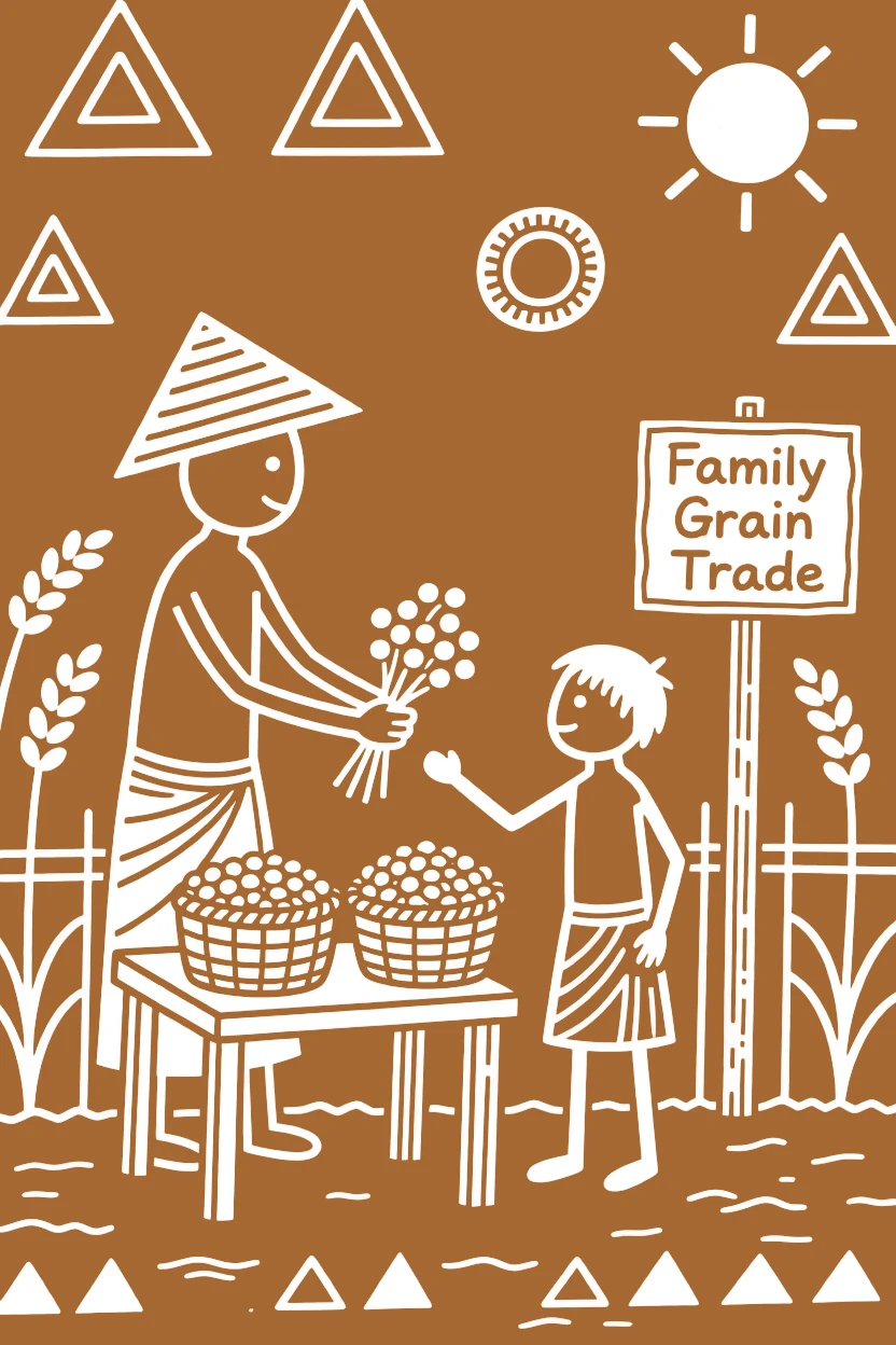 A grain merchant teaching a young apprentice the family trade.