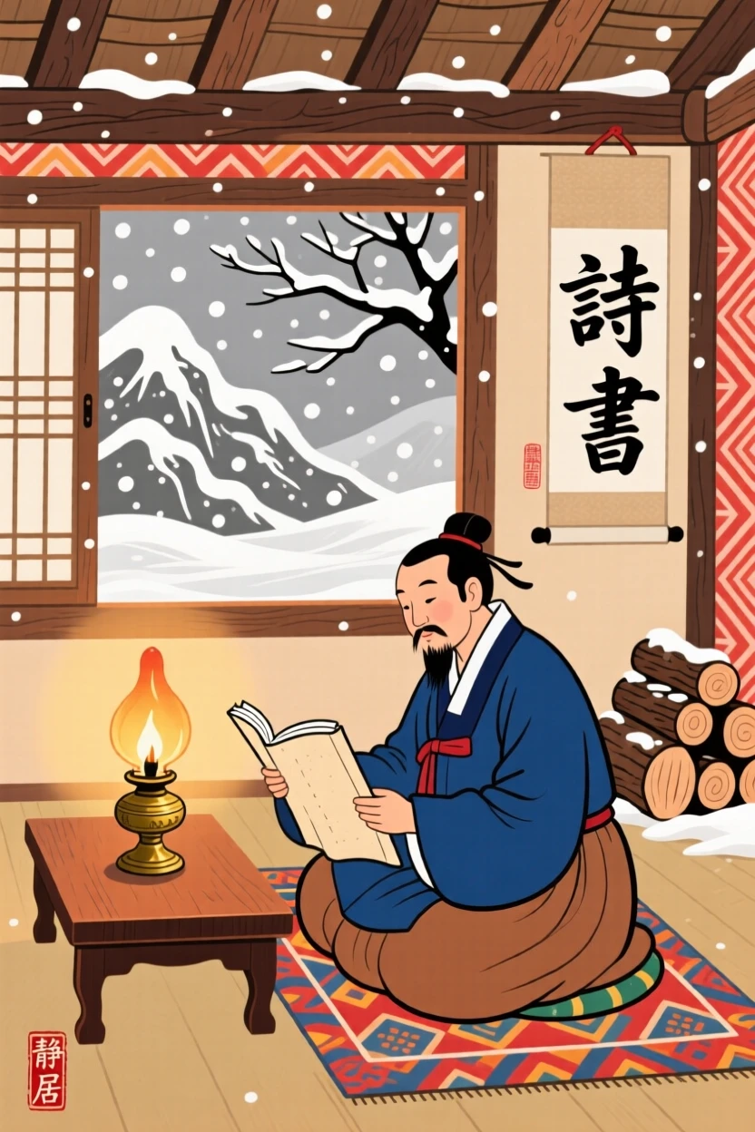 A hermit scholar reading by lamplight in a mountain hut during a snowstorm.