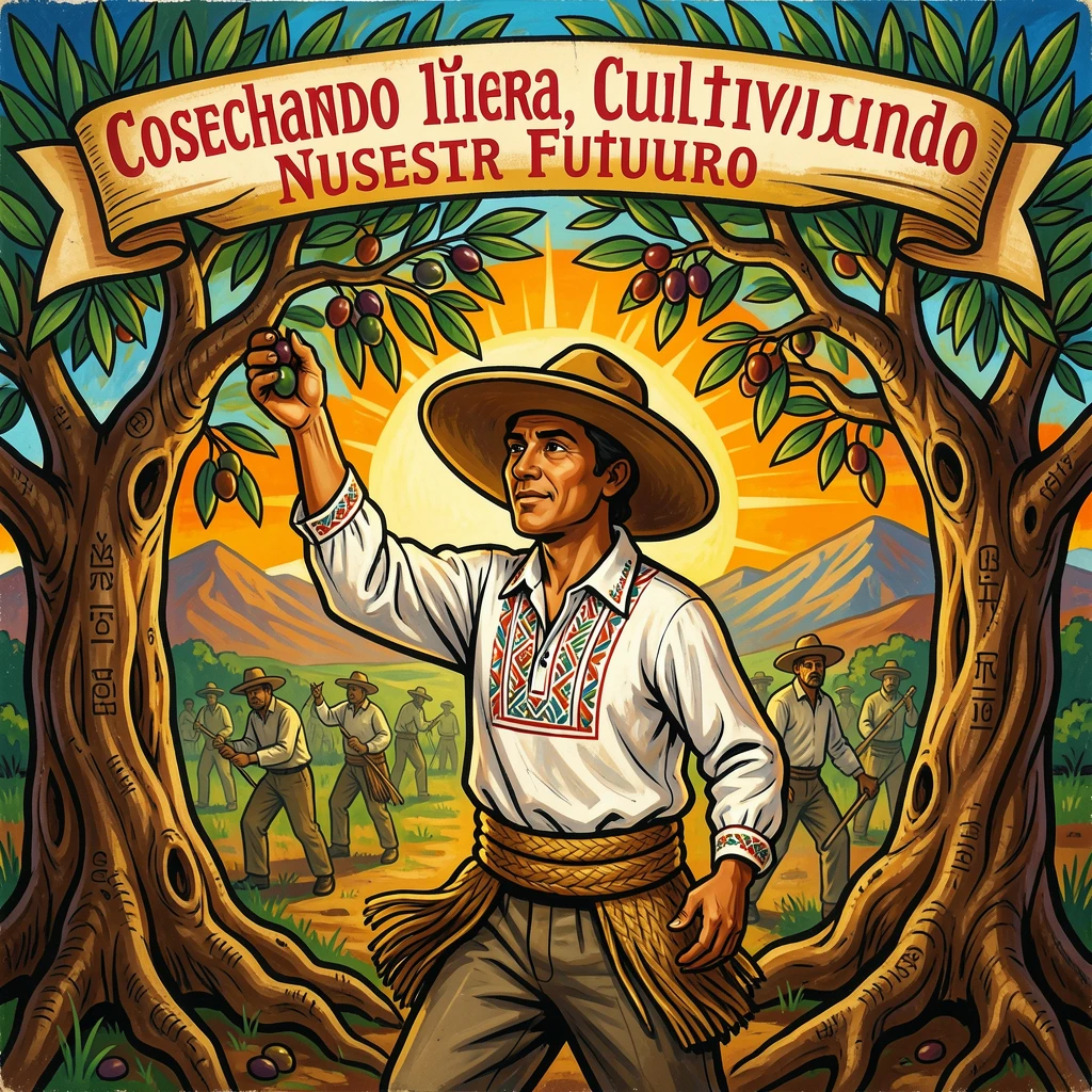 A farmer harvesting olives from ancient gnarled trees