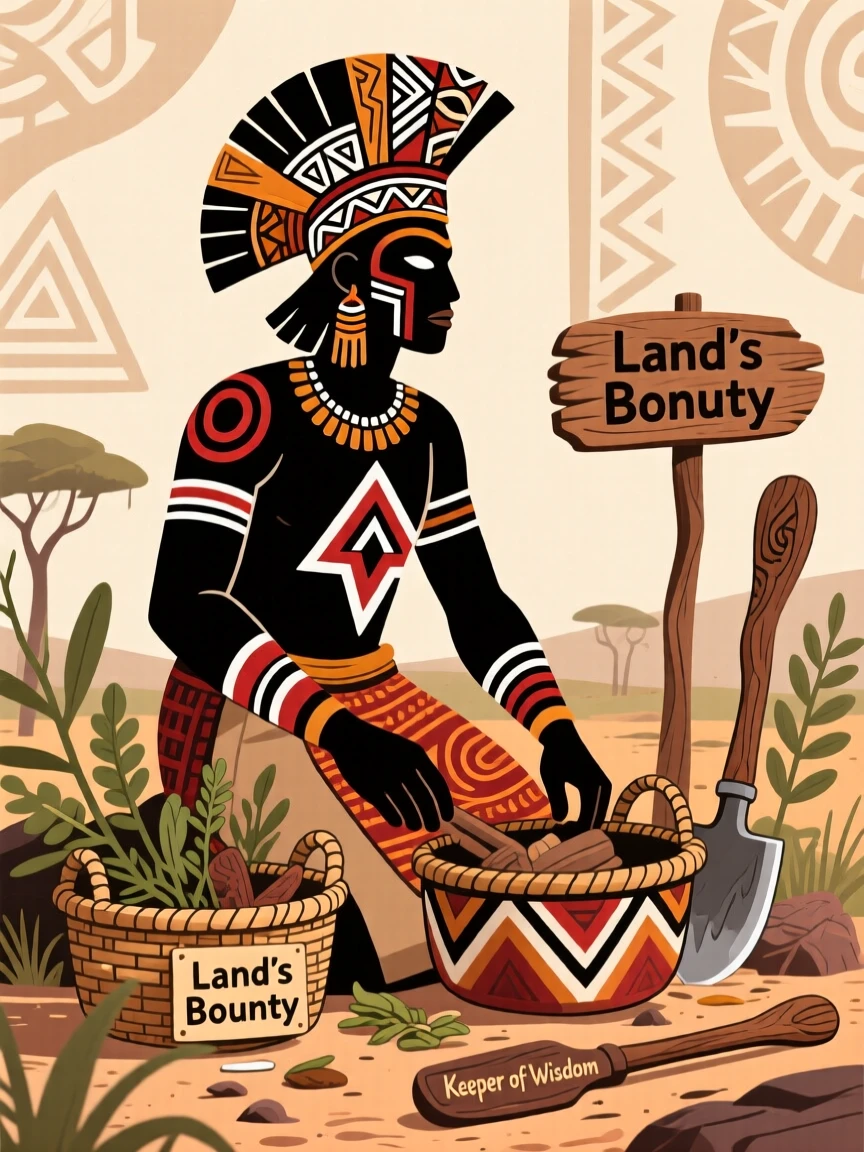 A tribal chief gathering materials from the surrounding land.
