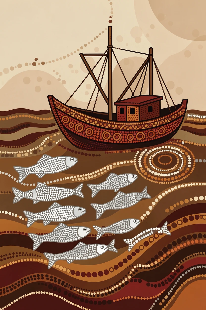 A school of silver fish surfacing beside a fishing boat