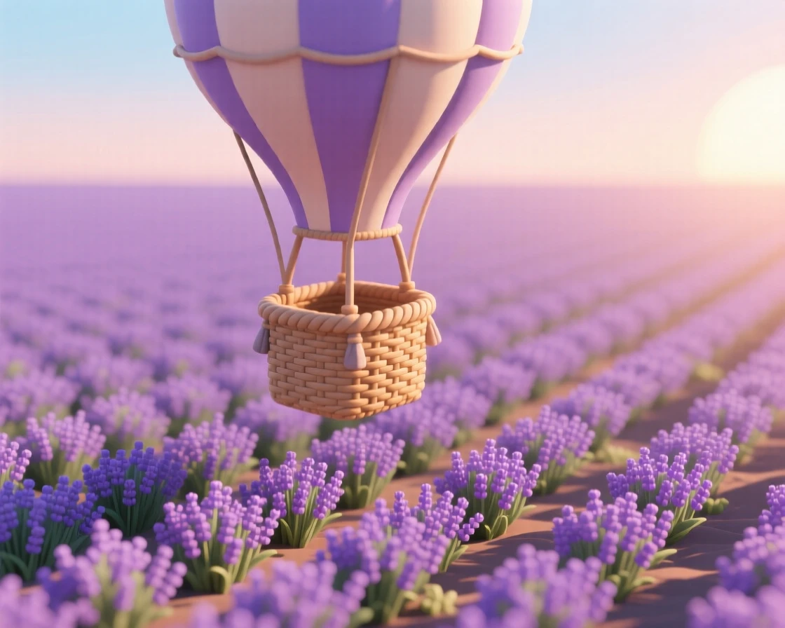 A hot air balloon basket floating just above a lavender field at sunrise, casting a long shadow across the purple rows below.