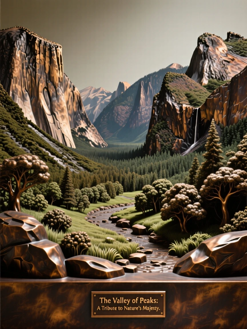 A lush valley cradled between towering mountain peaks, with dramatic natural lighting and rich color, offering a breathtaking sense of place
