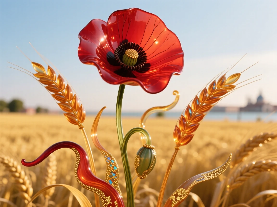 A single red poppy standing tall in a golden wheat field, vivid and striking.