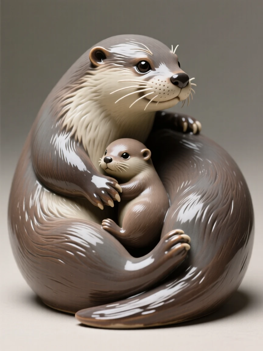 A pair of otters holding hands curled protectively around its young, with one paw raised mid-step, evoking a quiet sense of wild dignity.
