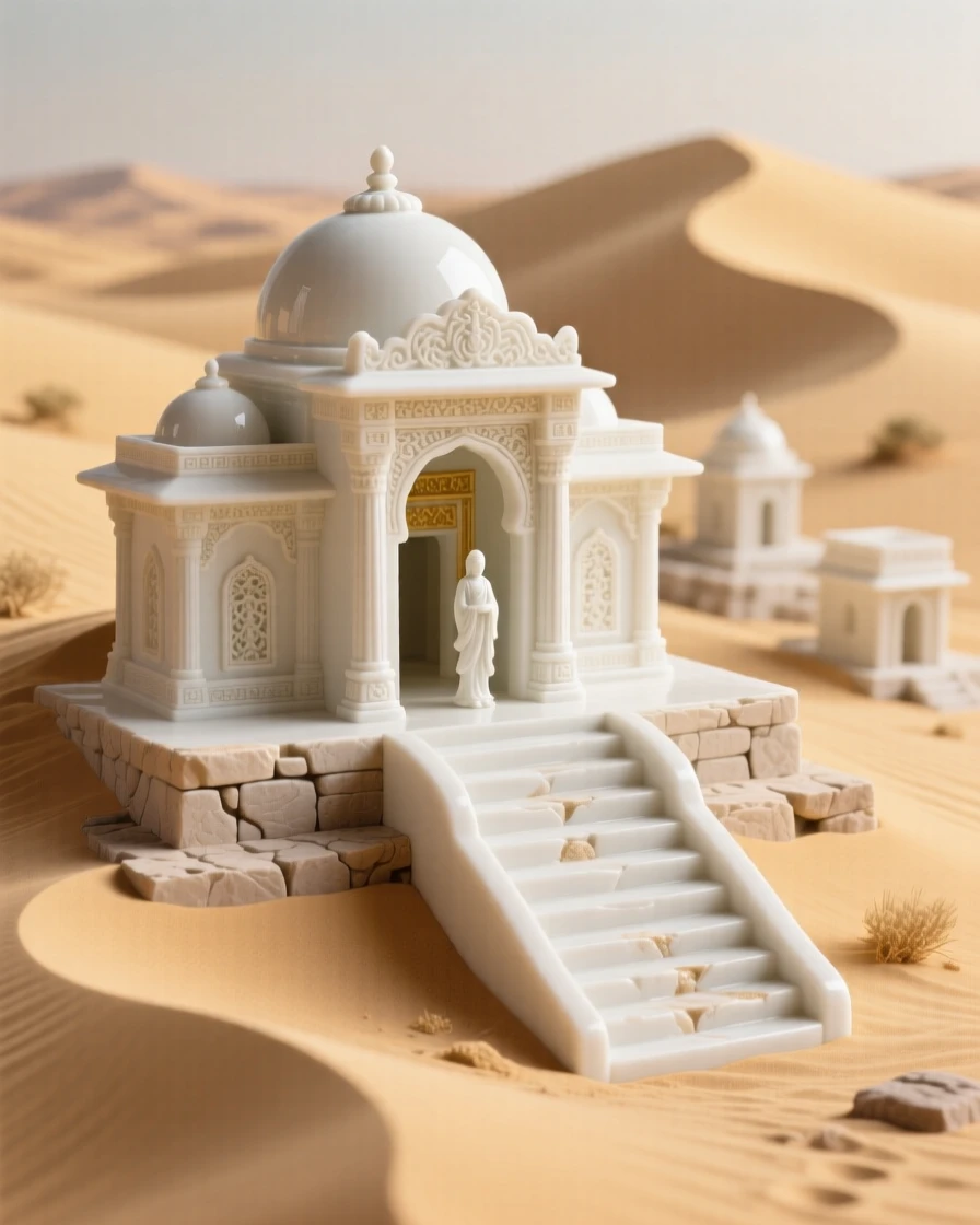 A serene desert temple complex nestled in golden desert dunes, framed by ancient weathered stone steps.