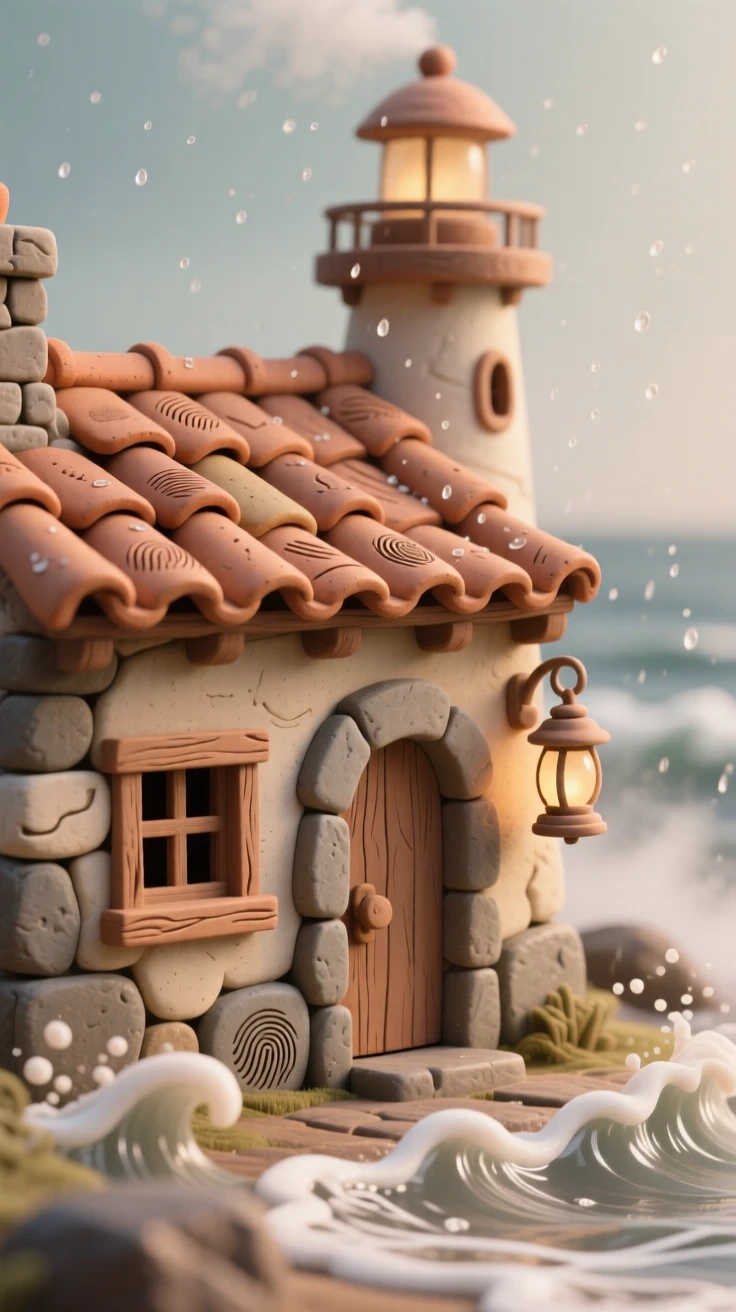 A stone lighthouse keeper's cottage battered gently by sea spray