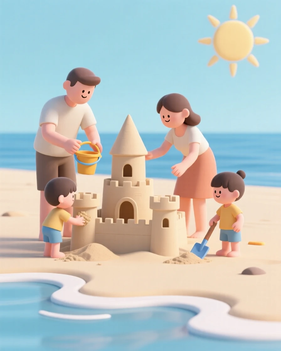 A family of four builds a sandcastle together on a sunny beach, waves lapping gently at their feet.