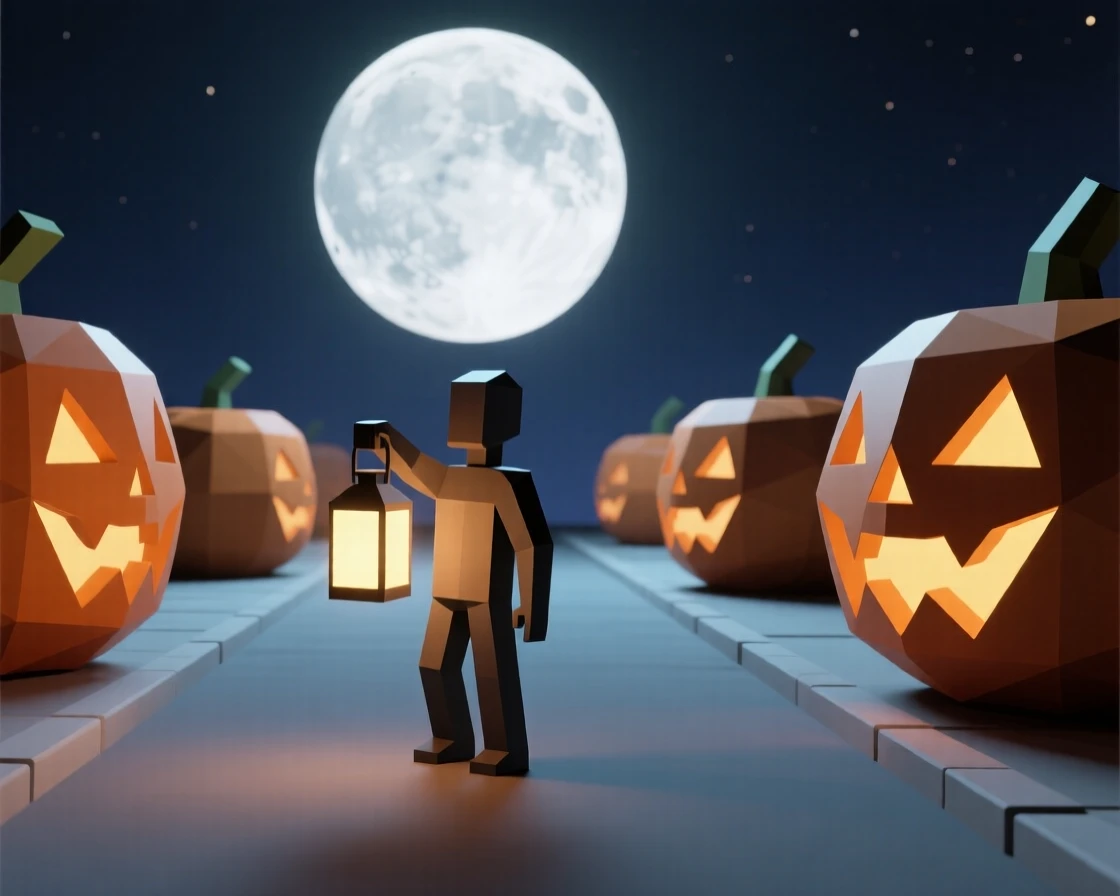 A Halloween night street lined with glowing pumpkins, beneath a full harvest moon. the composition centers on the main celebratory focal point. It captures a moment of pure celebration.