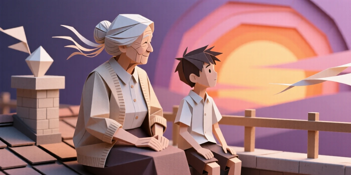 A grandmother and her grandson watching a sunset from a rooftop, with a light breeze catching loose hair and fabric, evoking warmth and quiet connection.